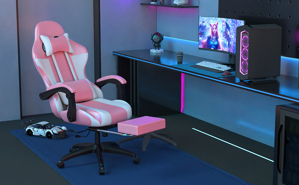 Pink  Gaming Chair with Footrest Office Chair Computer Chair with Lumbar Pillow Ergonomic Chair with Armrest Recliner Chair High Back Height Adjustable