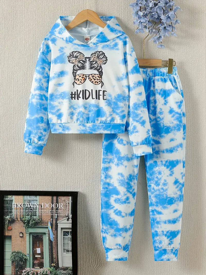 2pcs, Hoodie & Sweatpants Set, Cartoon Sunglasses Girl Print Casual Outfits, Kids Clothes For Spring Fall