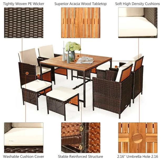 9PCS Patio Rattan Dining Set Cushioned Chairs Ottoman Wood Table Top White