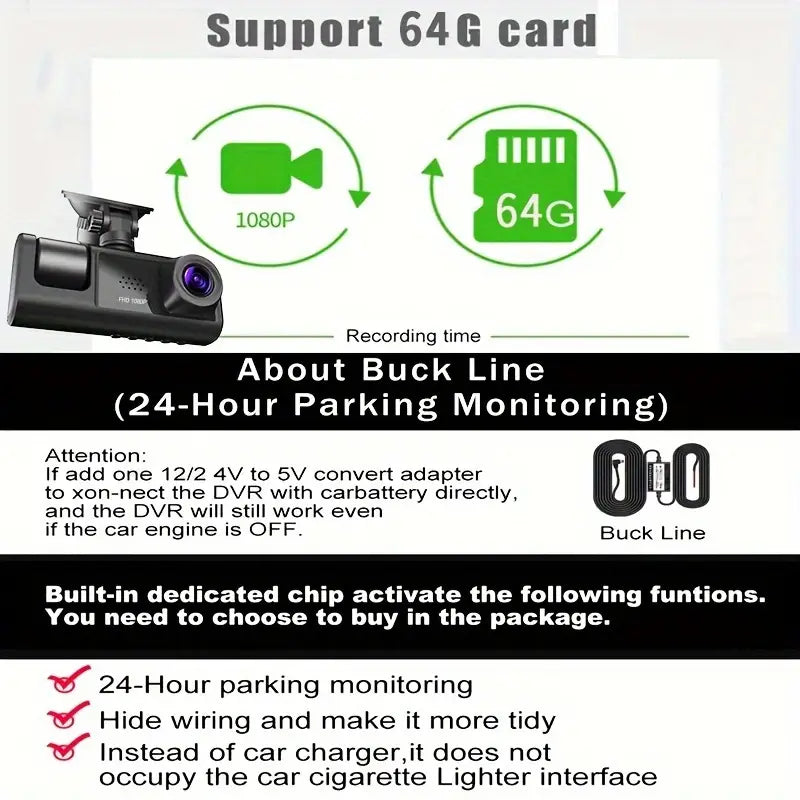 Cam HD 1080P Front And Rear Dual Lens Dashcam Parking Lot, Infrared Night Vision Image- Camera Lens Car