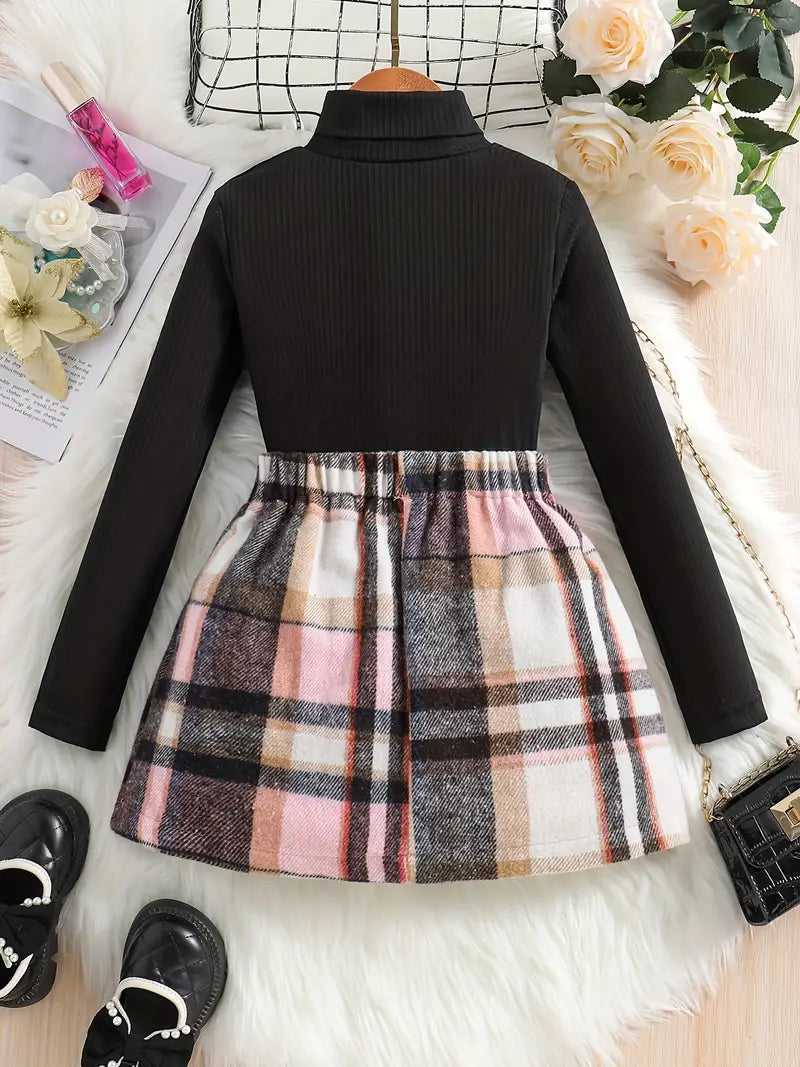 2pcs Girls Striped Long Sleeve Turtleneck Pullover And Plaid Printed Button Down Skirt Shorts Easter