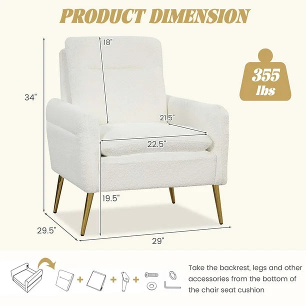 2 Modern Accent Chair Upholstered Sherpa Armchair w/ Tapered Metal Legs