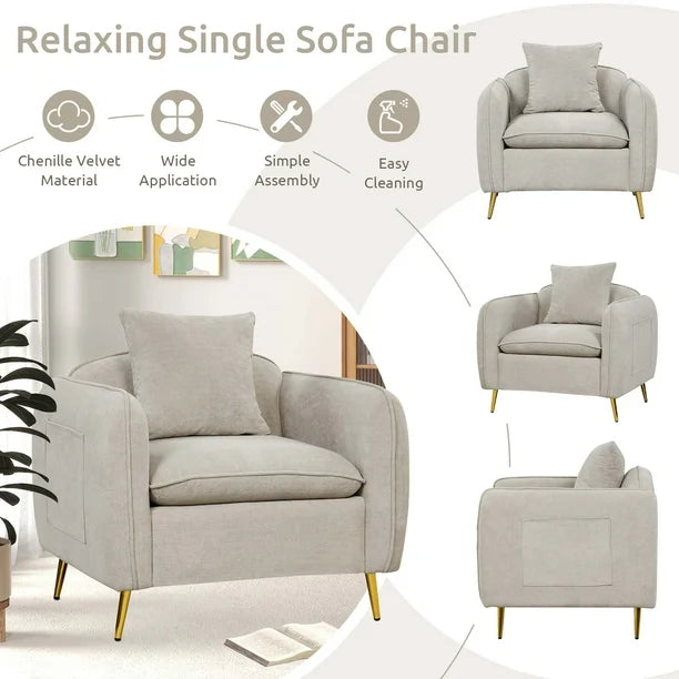 Velvet Accent Chair Upholstered Armchair with Storage Pockets & Pillow