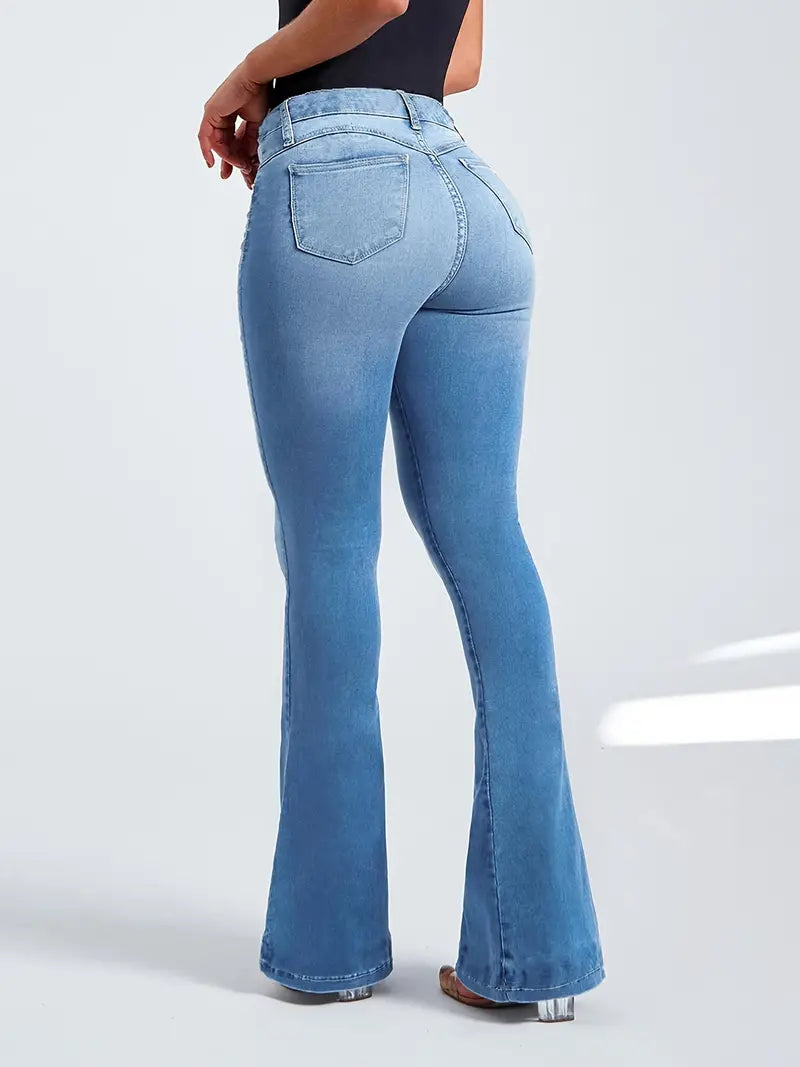 Women's Juniors Bell Bottom High Waist Fitted Denim Jeans Stretchy High