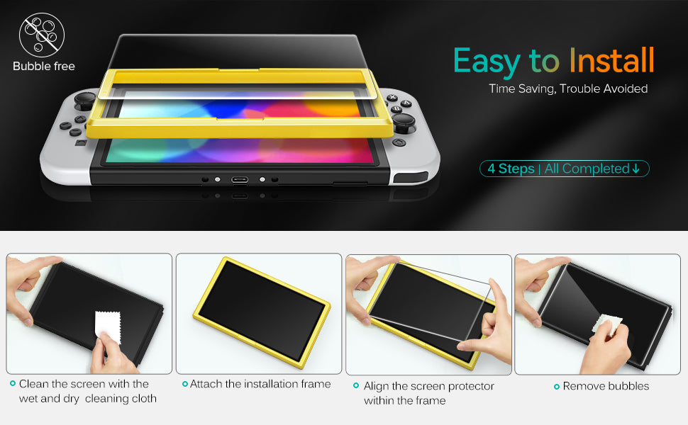 4x Tempered GLASS Screen Protector,1x Easy Install Frame,Dry&Wet Wipes,Squeeze Card,Easy Installation Use Guide. Glass Screen Protector Designed for Nintendo Switch OLED Model 2021