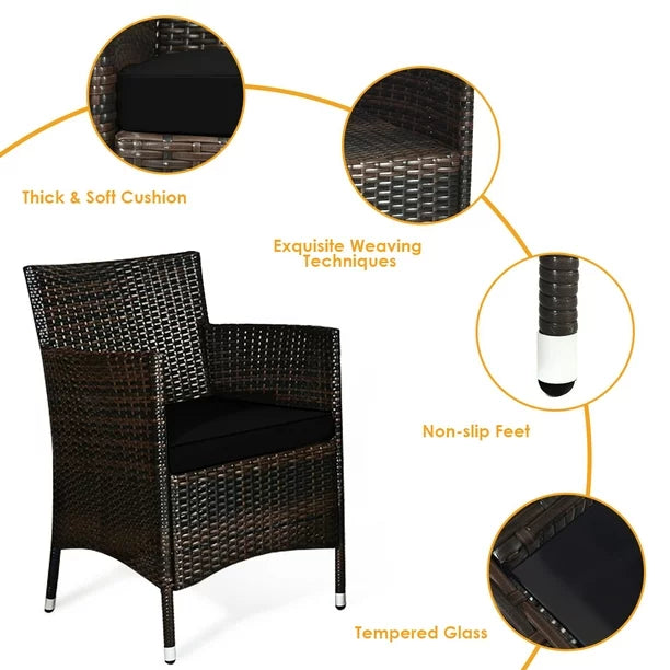 4PCS Patio Rattan Wicker Furniture Set Sofa Chair Table Set W/ Black Cushions