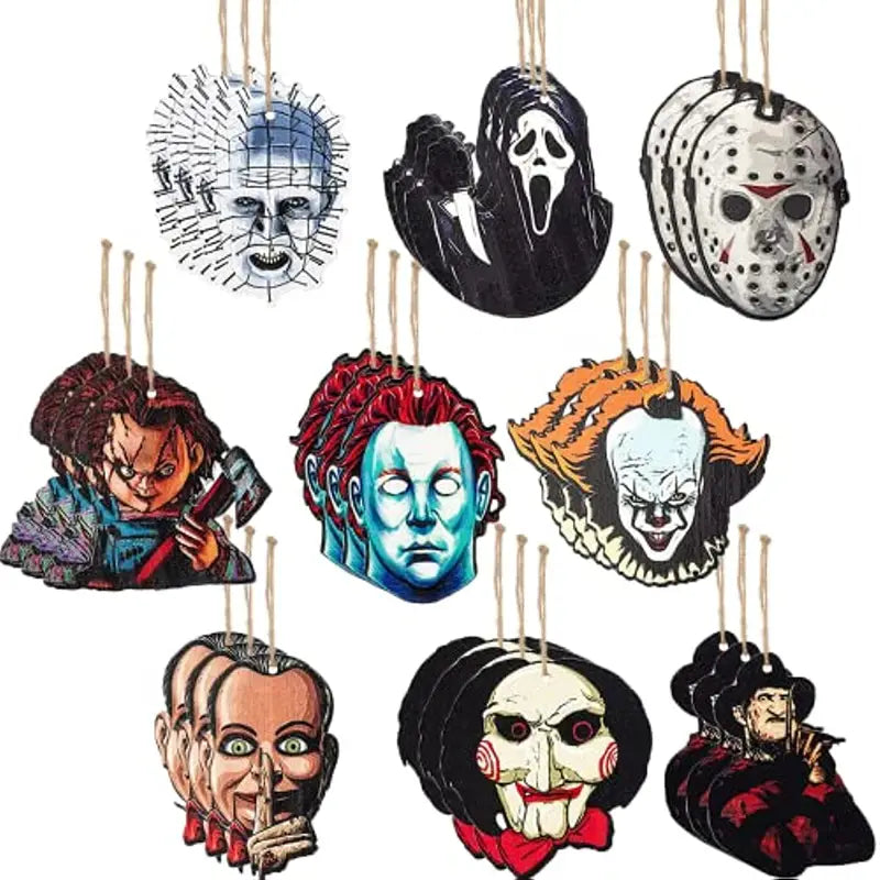 Ornaments with Hemp Rope 18pcs, Wooden Halloween