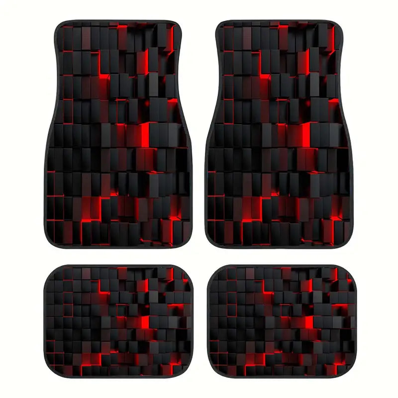 ar Floor Mats, 4 Pcs Set, Non-Slip & Anti-Fade Polyester Fiber Red Grid Pattern - Both Protection , Decoration