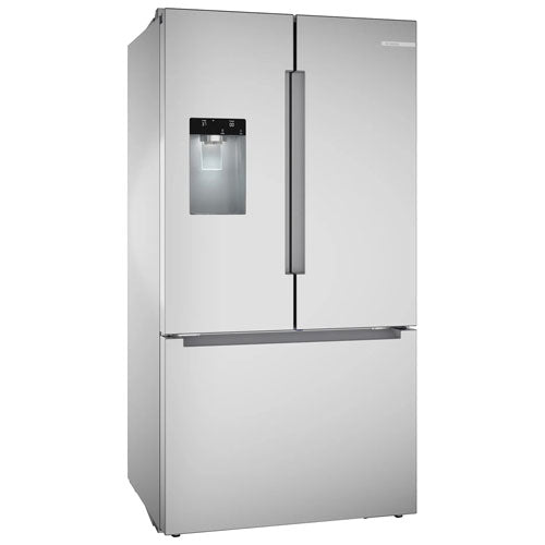 36-inch French door refrigerator. It features an external water and ice dispenser to provide purified water and ice on demand, 36