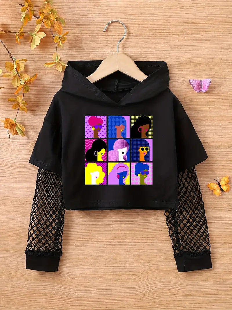 Girls Pullover Sweatshirt Butterfly Print Long Shirts Hooded Crop Tops Fashion Outwear