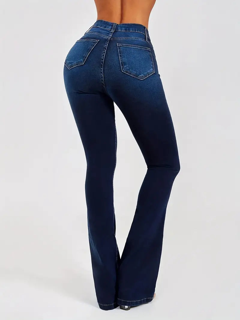 Women's Juniors Bell Bottom High Waist Fitted Denim Jeans Stretchy High