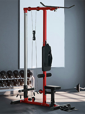 The lat machine's seat height changes four different levels - easy to set to a position which is most correct and safe for you when working out.  High and Low Pulley Machine with Adjustable Seat and Flip-Up Footplate