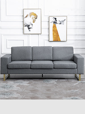Solid structure with reinforced spray legs ensures stability and durability, 3 Seat Sofa, Linen Upholstered Cozy Padded Couch with Steel Leg