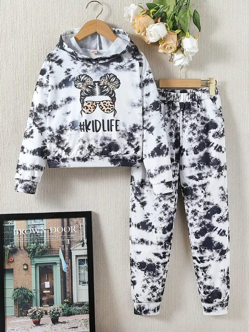 2pcs, Hoodie & Sweatpants Set, Cartoon Sunglasses Girl Print Casual Outfits, Kids Clothes For Spring Fall
