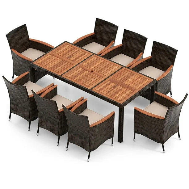 9PCS Patio Wicker Dining Set Acacia Wood Table Top Umbrella Hole Cushions Chairs