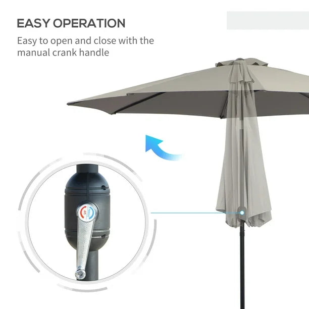 Round Market Umbrella, Patio Umbrella with Crank Handle and Tilt, Outdoor Parasol for Garden, Bench, Lawn, Light Grey