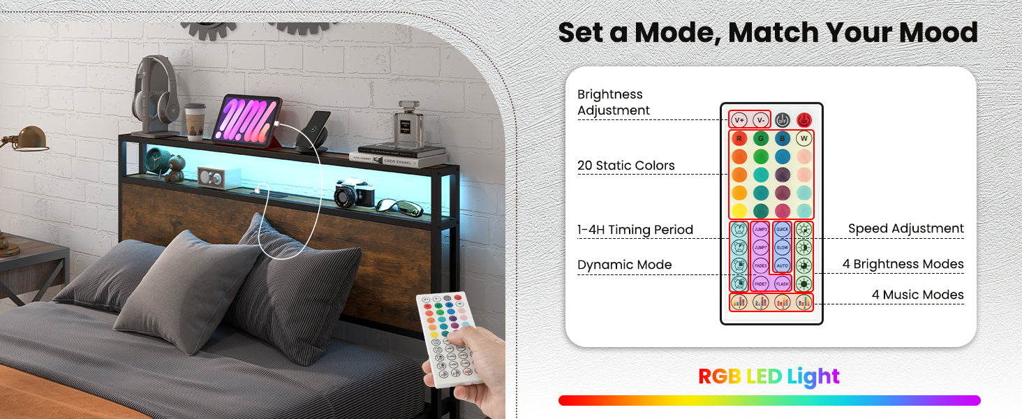 Full Bed Frame with Storage Headboard, Metal Platform Bed with Charging Station, LED Bed Frame with 4 Drawers, Bookcase Storage, No Box Spring Needed,