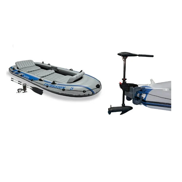 high-output pump for easy inflation and deflation. If you'd rather be boating and the lake is your happy place this is for you, Boat Set w/2 Oars & Eight Speed Trolling Motor - 5 People