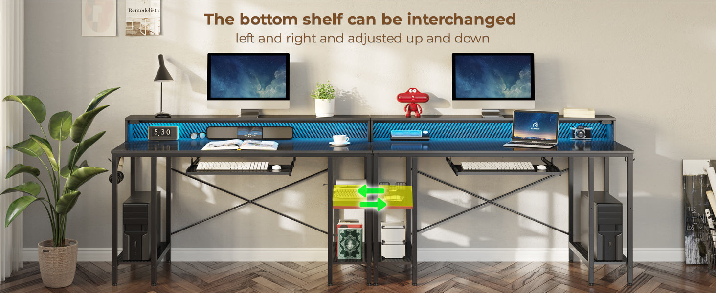 LED Lights Desk with Storage Shelf, Power Outlets, Height Adjustable Electric
