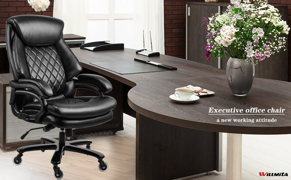High Back Big & Tall 400lb Leather Office Chair Executive Desk Computer Task Swivel Chair- Heavy Duty Metal Base, Adjustable Tilt Angle, Thick Padding and Ergonomic Design for Lumbar Support