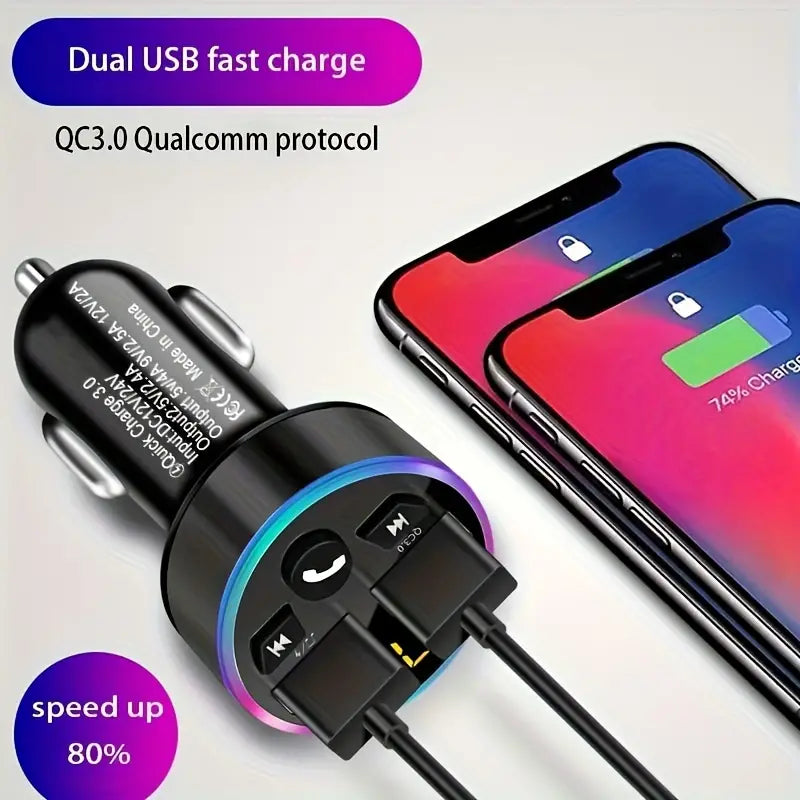 Car Charging Real-time Digital Display Blue Atmosphere Light Ring Can Charge Multiple Devices
