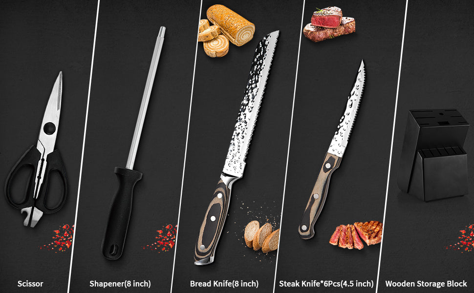 15 Pieces Kitchen Knife Set with Wooden Block, Non-Stick Coating Chef Knife Set with Knife Sharpener for Self Sharpening, German Stainless Steel