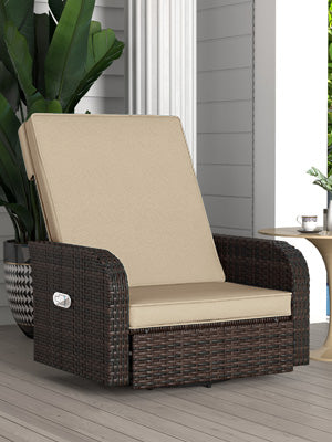we made sure to add some style to the rattan chair. Simply lean back with pneumatic rod control,  Patio Recliner Chair with Pneumatic Rod Control, 360° Wicker Swivel Chair with Cushion