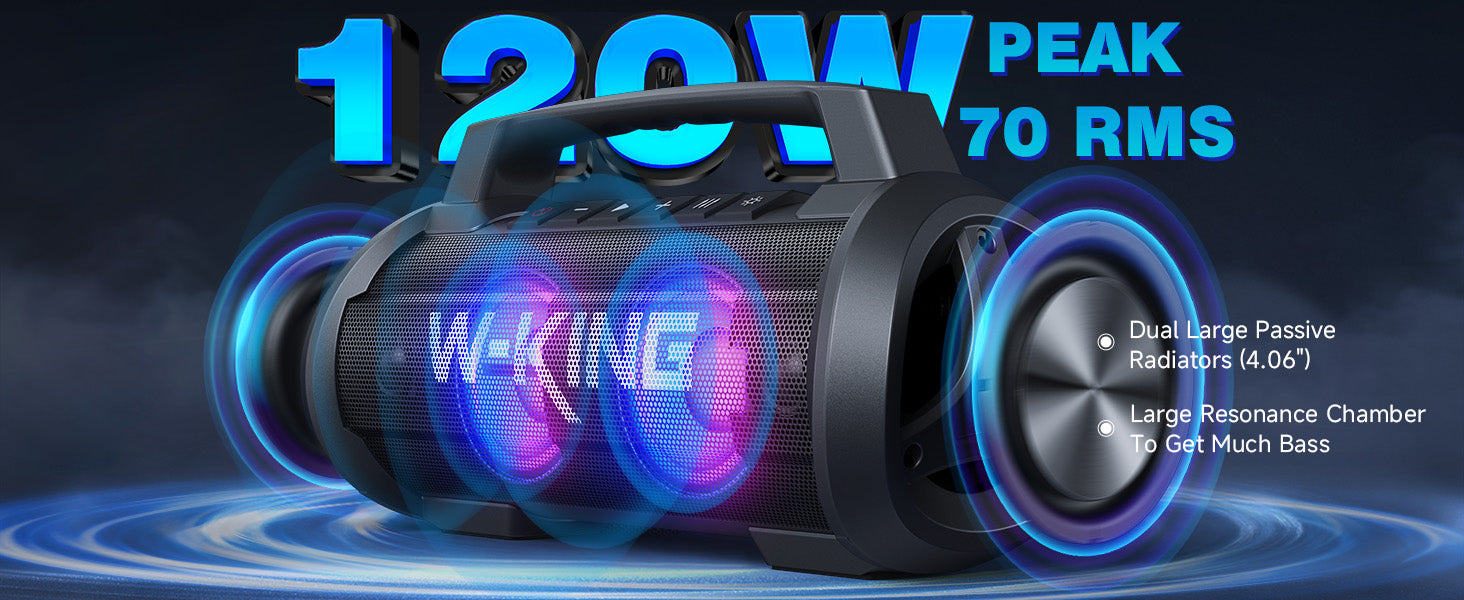 The dual 45W ultra vibration moving coil subwoofers deliver monstrous bass and resonate deep within your chest, Waterproof Outdoor Bluetooth Speaker Wireless, Deep Bass/42H/Stereo Pairing/EQ/TF/AUX/Power Bank/Mic Slot/RGB
