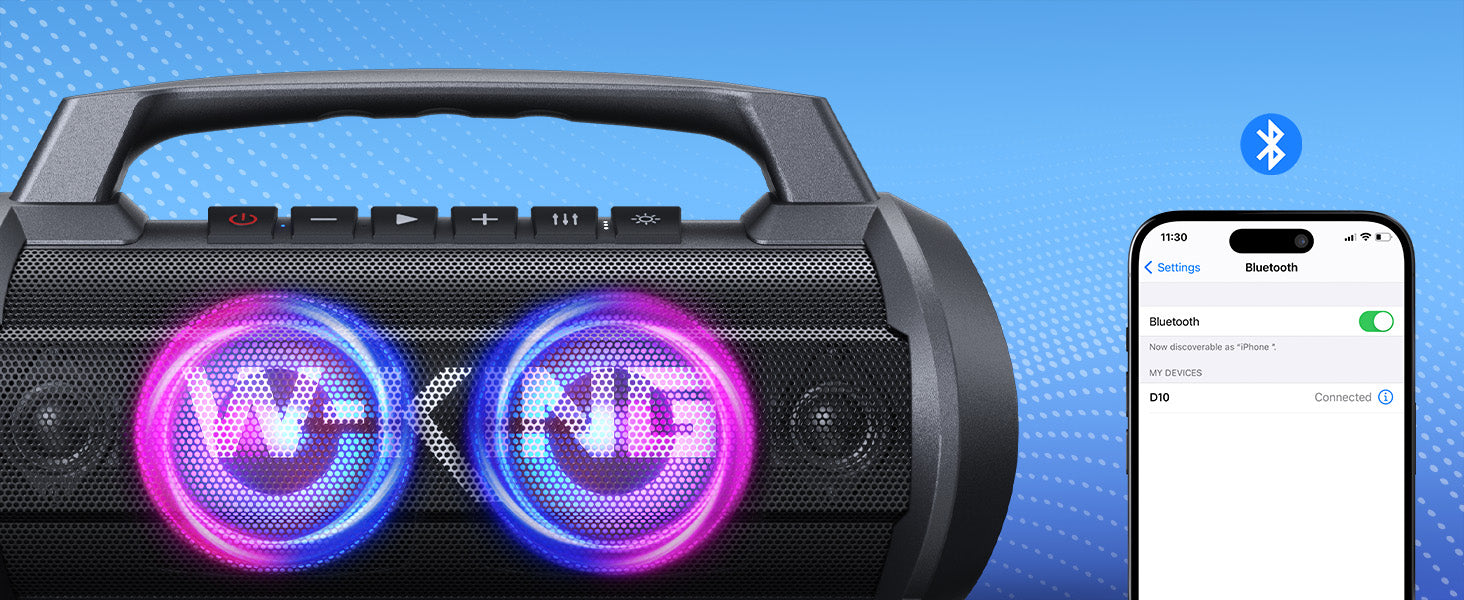 The dual 45W ultra vibration moving coil subwoofers deliver monstrous bass and resonate deep within your chest, Waterproof Outdoor Bluetooth Speaker Wireless, Deep Bass/42H/Stereo Pairing/EQ/TF/AUX/Power Bank/Mic Slot/RGB