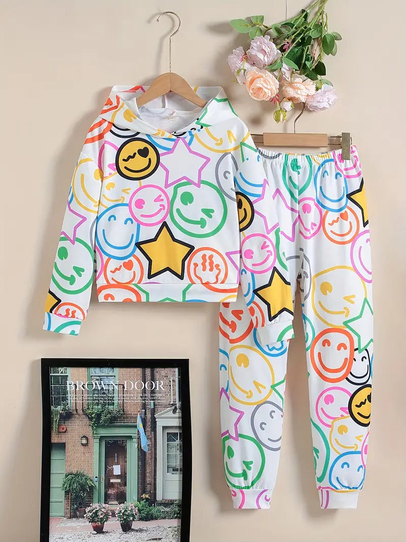 2pcs, Hoodie & Sweatpants Set, Cartoon Sunglasses Girl Print Casual Outfits, Kids Clothes For Spring Fall