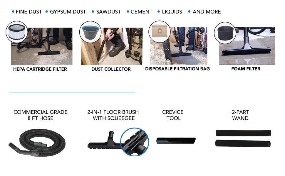 Heavy-Duty Stainless Steel Semi- Commercial Shop Vacuum System Powerful 5 Peak HP Motor, 63.5''