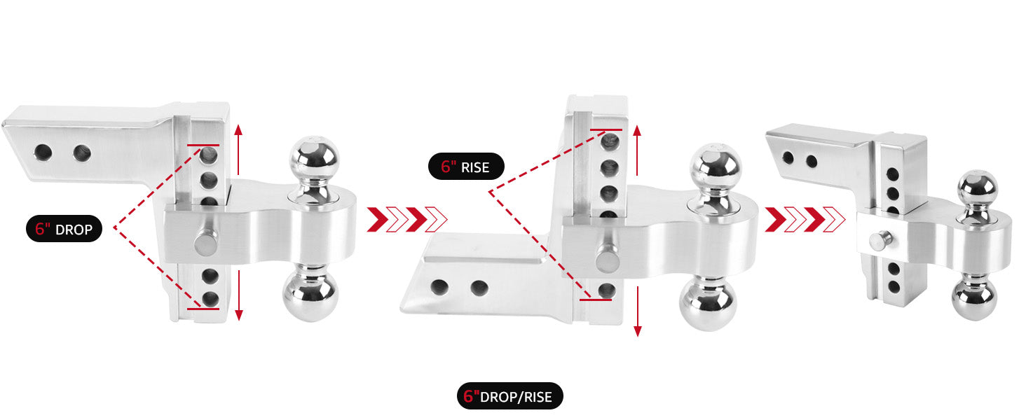 body is made of aerospace grade aluminum, corrosion resistance and effective resistance to rain, snow and other adverse Load Bearing 18500LBS with 6-Inch Drop/Rise Aluminum Drop Hitch,2-Inch and 2-5/16-Inch Balls Equipped with 2 latches with Locks