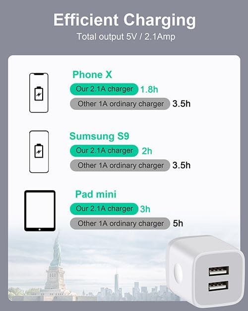 Input:100-240V, which enables you to charge two smart phone or tablet devices simultaneously at full speed, Adapter Charging Plug Box Brick for iPhone 14 13 12 11 Pro Max SE XS XR X 8 7 6 6S Plus, Samsung, Moto, LG, Android Phones