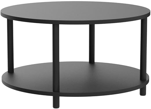 ,Sturdy Metal Legs, Easy to Assemble, Round Coffee Table for Living Room, 31.5’’ 2 Tier Black Wooden Coffee Table with Open Storage
