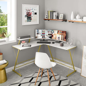 Computer Desk with Monitor Stand & 2-Tier Storage Shelves, Home Office Gaming Desk Writing Table Workstation, White