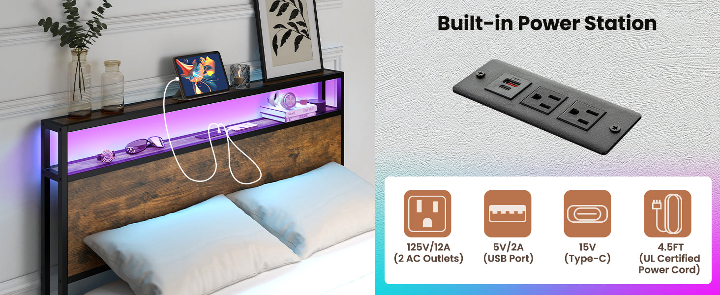 Full Bed Frame with Storage Headboard, Metal Platform Bed with Charging Station, LED Bed Frame with 4 Drawers, Bookcase Storage, No Box Spring Needed,