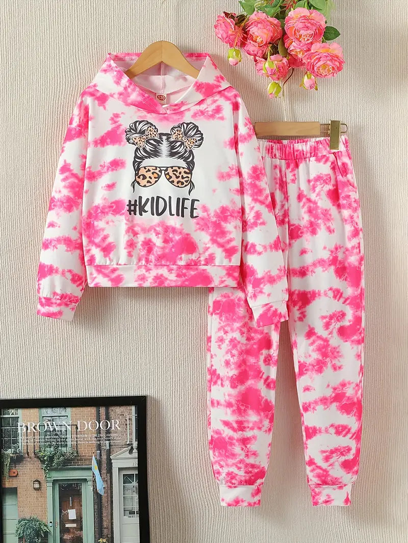 2pcs, Hoodie & Sweatpants Set, Cartoon Sunglasses Girl Print Casual Outfits, Kids Clothes For Spring Fall