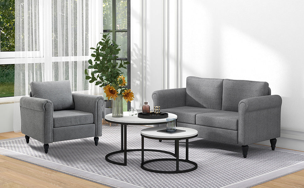 Crafted with solid eucalyptus wood and a metal frame supported by rubberwood legs,2 Seater Sofa with Rolled Arms, Gourd-Shaped Rubber Wood Legs