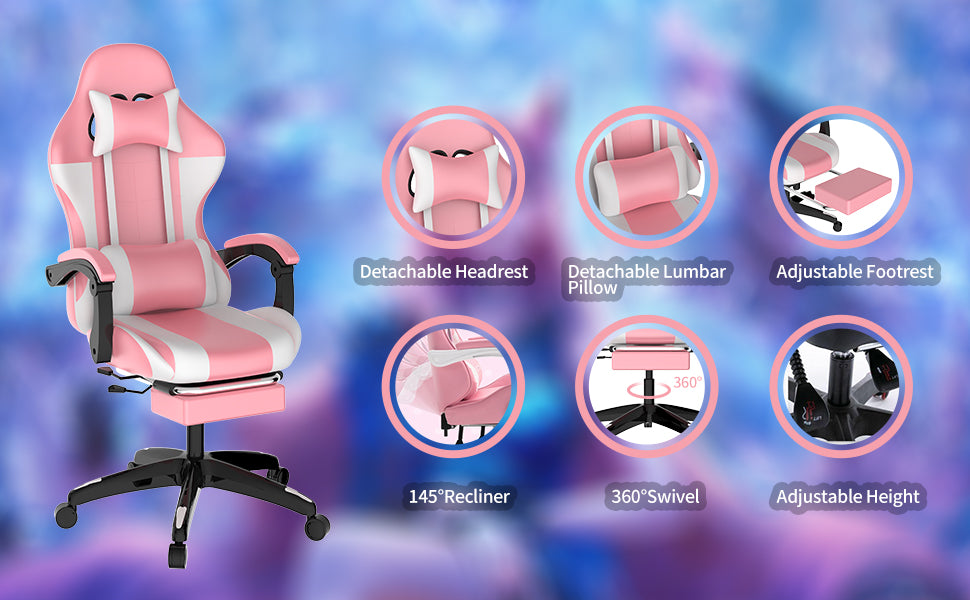 Pink  Gaming Chair with Footrest Office Chair Computer Chair with Lumbar Pillow Ergonomic Chair with Armrest Recliner Chair High Back Height Adjustable