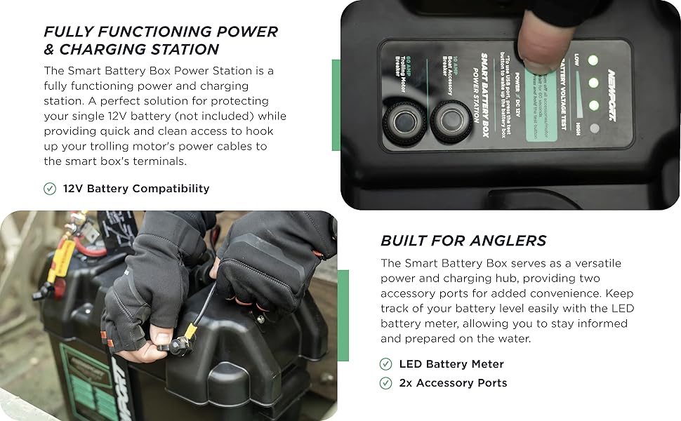 USB Charger and accessory port, provides one USB Charger and one 12V accessory, Smart Battery Box Power
