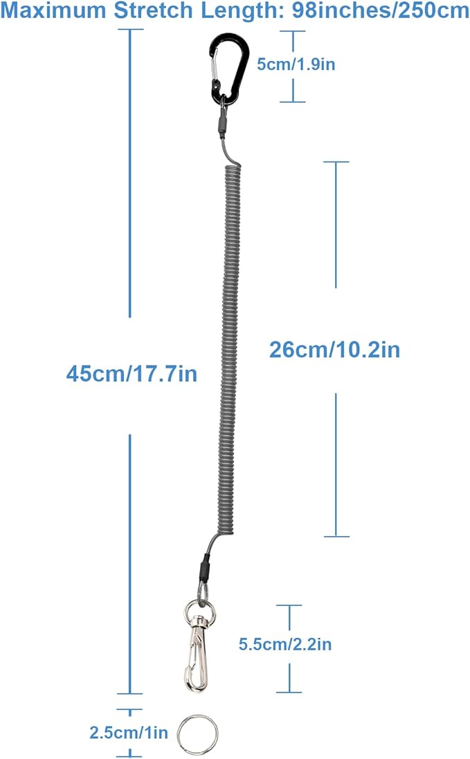 Coiled Lanyards for Kayak Fishing Equipment Pliers Tools,The aluminum carabiner with spring-loaded and interlocking wire gate allows for easy single-handed use,