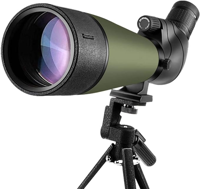view ranging from 82.9 to 48 feet at 1000 yards with a fully multi-coated 80mm green film objective lens Scopes with Tripod, Carrying Bag and Quick Phone Holder