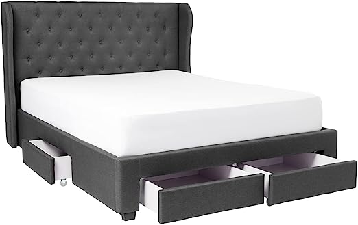 Queen Size Platform Bed Frame with 4 Storage Drawers, Upholstered Wooden Slatted Bed