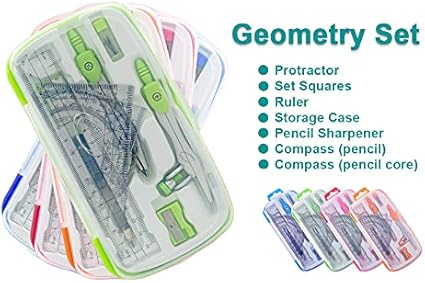 Starter drafting compass set for school geometry, maths learning homework, etc. Kit Starter Maths Set with 2 Drafting Compasses Protractor Set Squares Ruler and More