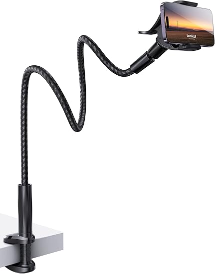 Flexible Arm, Overall Length 38in, 360 Adjustable Clamp Clip, Overhead Cell Phone Mount Stand for Bed,