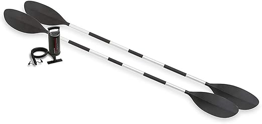 Made with rugged vinyl construction and built for performance, this sturdy kayak has an inflatable I-beam floor, Set with Aluminum Oars and High Output Air Pump