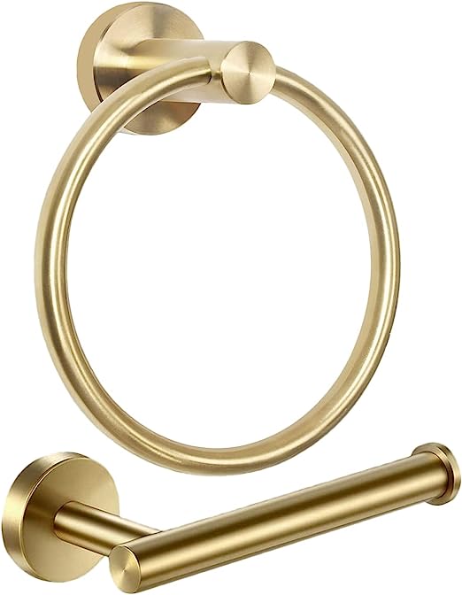 Gold Towel Ring Set, Bathroom Hardware Includes Toilet Paper Holder and Towel Holder 2 Pieces Wall Mount Brushed Gold Bathroom Accessories Stainless Steel