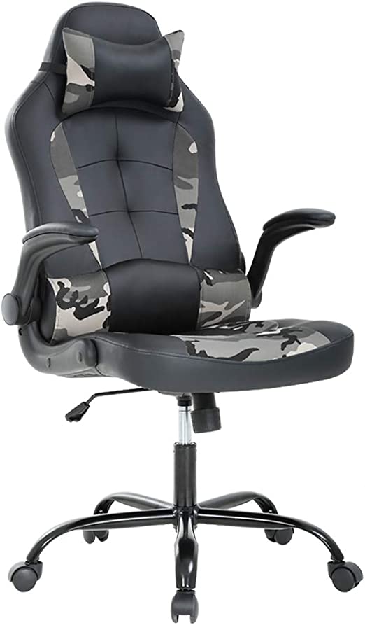 Gaming Chair Office Desk Chair with Massage Lumbar Support, Vintage Style Armchair PU Leather  Gamer Chair