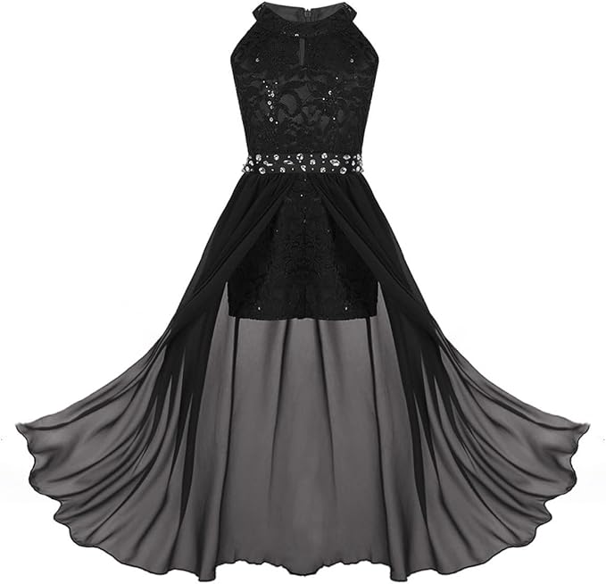 Sleeveless, round neckline, floral lace top bodice, rhinestone trim at the waist. Hidden back zipper closure