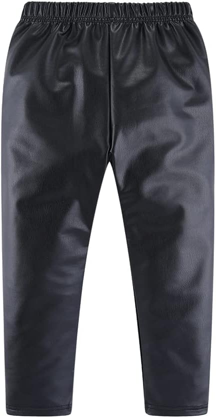 Crafted from 100% PU outer and 100% polyester lining, these leggings offer both comfort and durability for your little one,  Girls Warm Pants Faux Leather Fleece Lined